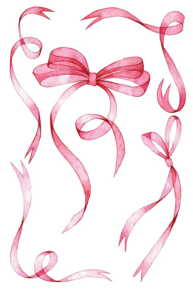 acquerello disegno, impostato di trasparente nastri e fiocchi nel rosa colore. vacanza decorazione collezione vettore