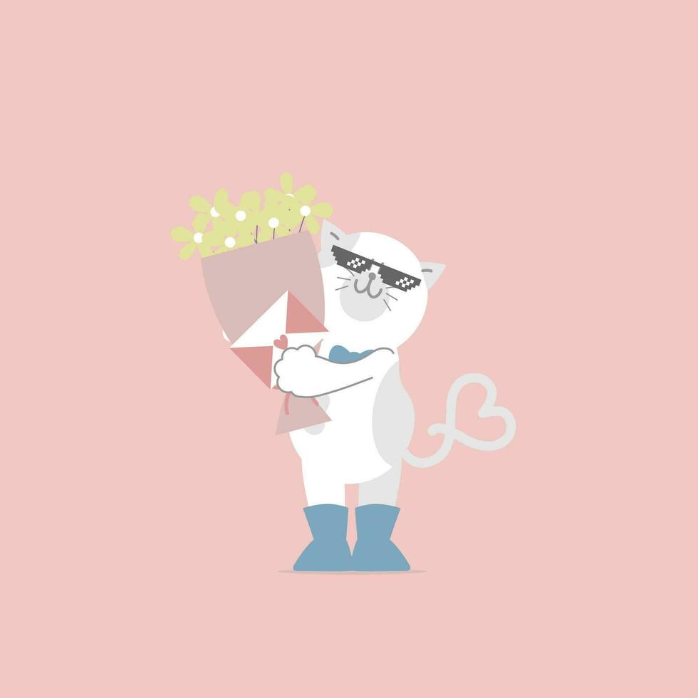 carino e bello gatto con occhiali da sole, fiore e amore lettera, contento San Valentino giorno, compleanno, amore concetto, piatto vettore illustrazione cartone animato personaggio design isolato