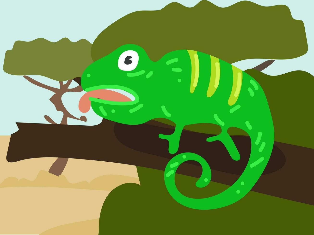 illustrazione di un' cartone animato camaleonte nel il safari, deserto. savana con divertente camaleonti. camaleonte su un' ramo. figli di illustrazione, stampa per figli di libri vettore