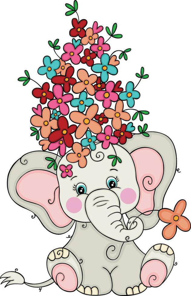 carino elefante con mazzo di fiori su suo testa vettore