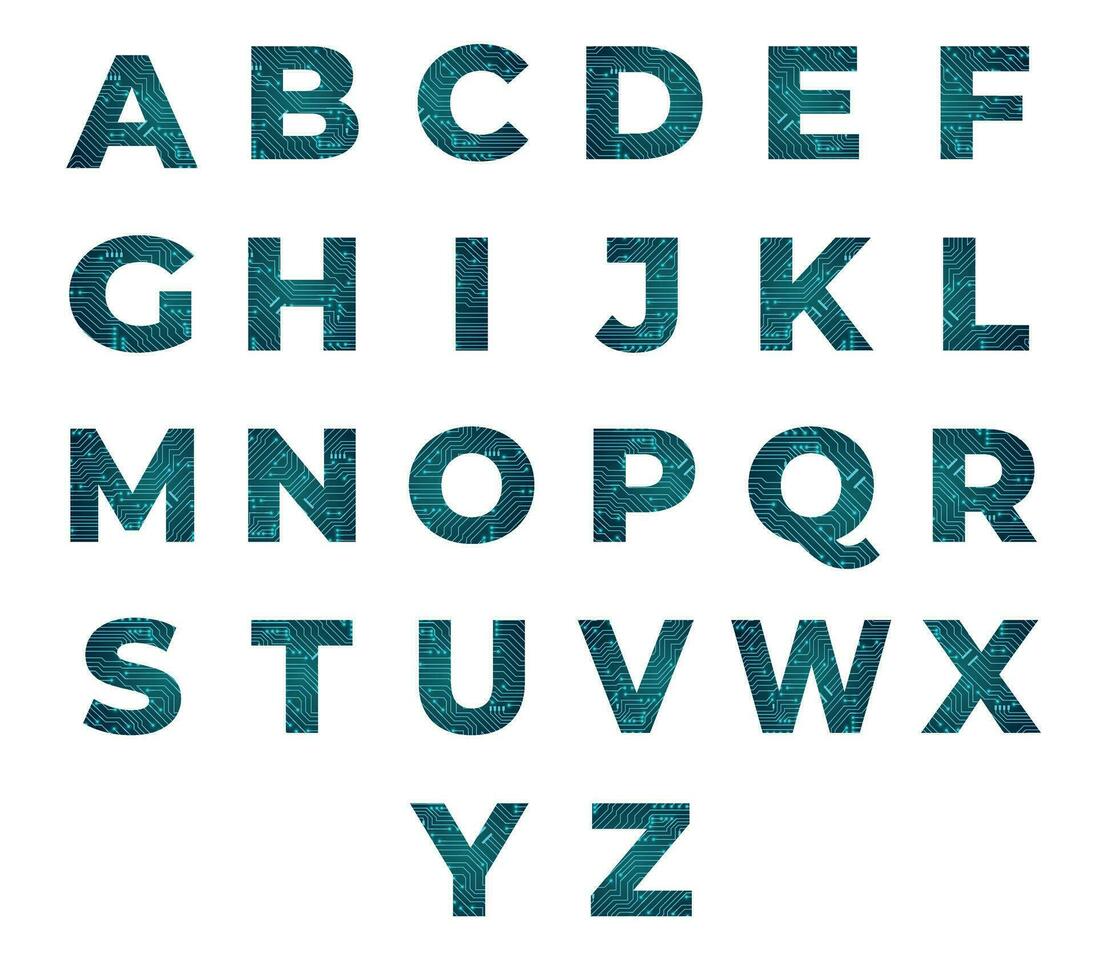 abc circuito tavola font, digitale tecnologia, futuristico alfabeto, moderno blu colore font vettore illustrazione