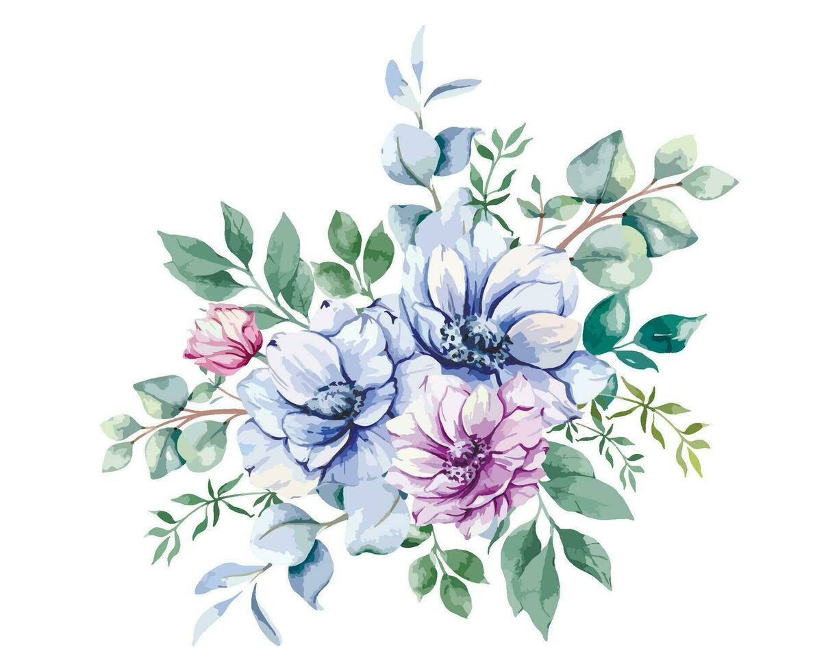 anemone fiori acquerello illustrazione. blu, rosa e viola anemoni mano dipinto isolato su bianca sfondo. Perfetto per nozze inviti, bridal doccia e floreale saluto carte vettore