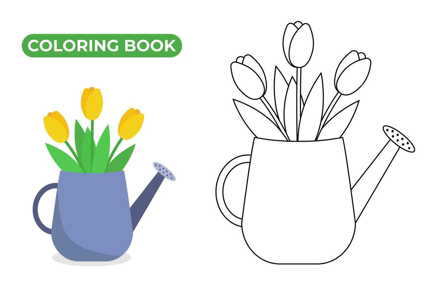 irrigazione può con mazzo di fiori. nero e bianca lineare disegno di giardinaggio inventario. vettore illustrazione di giallo tulipani. colorazione libro per bambini.