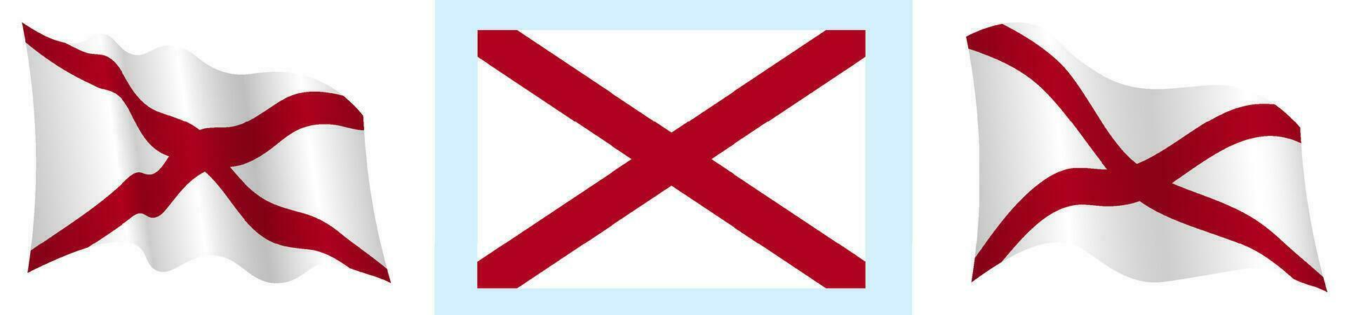 bandiera di americano stato di Alabama nel statico posizione e nel movimento, svolazzanti nel vento nel esatto colori e taglie, su bianca sfondo vettore