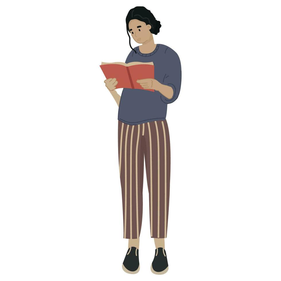un illustrazione di un' donna in piedi con un' libro. alunno preparazione per un' test o esame. isolato su bianca. attore lettura film sceneggiatura. vettore