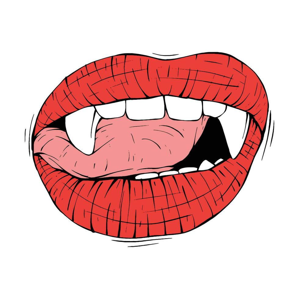 mano disegnato rosso vampiro labbra vettore