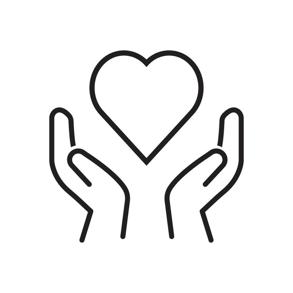 nero isolato schema icona di cuore nel mani su bianca sfondo. linea icona di cuore e mani. simbolo di cura, amore, beneficenza. vettore