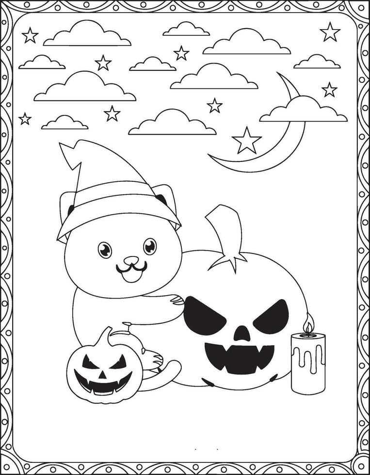 Halloween colorazione pagine, halloween gatto colorazione pagine per bambini, Halloween illustrazione, Halloween vettore, nero e bianca, gatto illustrazione vettore