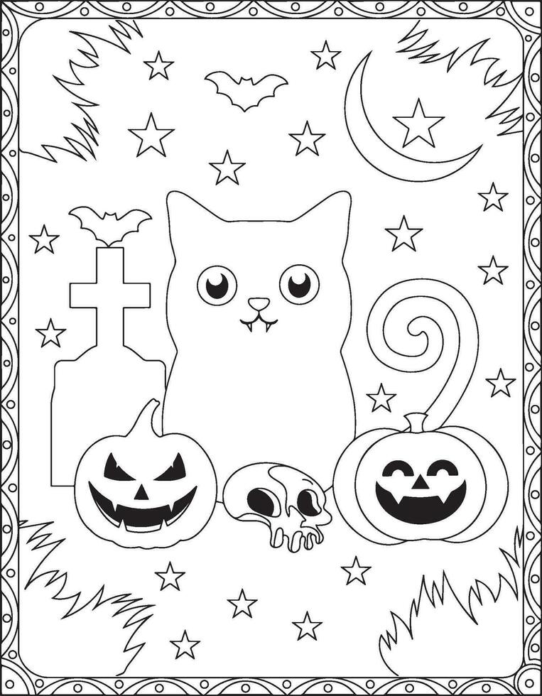Halloween colorazione pagine, halloween gatto colorazione pagine per bambini, Halloween illustrazione, Halloween vettore, nero e bianca, gatto illustrazione vettore