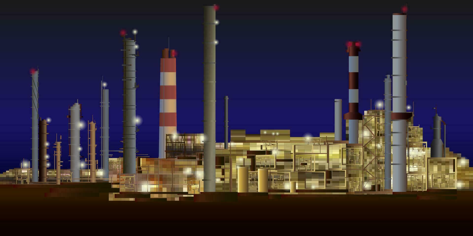 notte industriale pianta. notte fabbrica. notte a il in lavorazione pianta. industriale complesso. vettore illustrazione