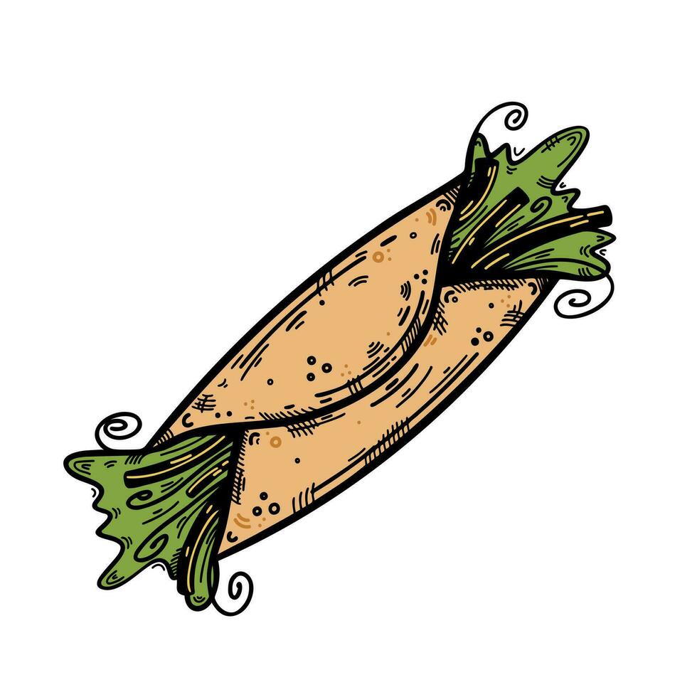 burrito vettore icona. tradizionale messicano veloce cibo, delizioso prima colazione. pollo e verdure lanciato in un' tortilla. speziato pasto, fresco shawarma. mano disegnato schizzo. isolato clipart per manifesti, ragnatela