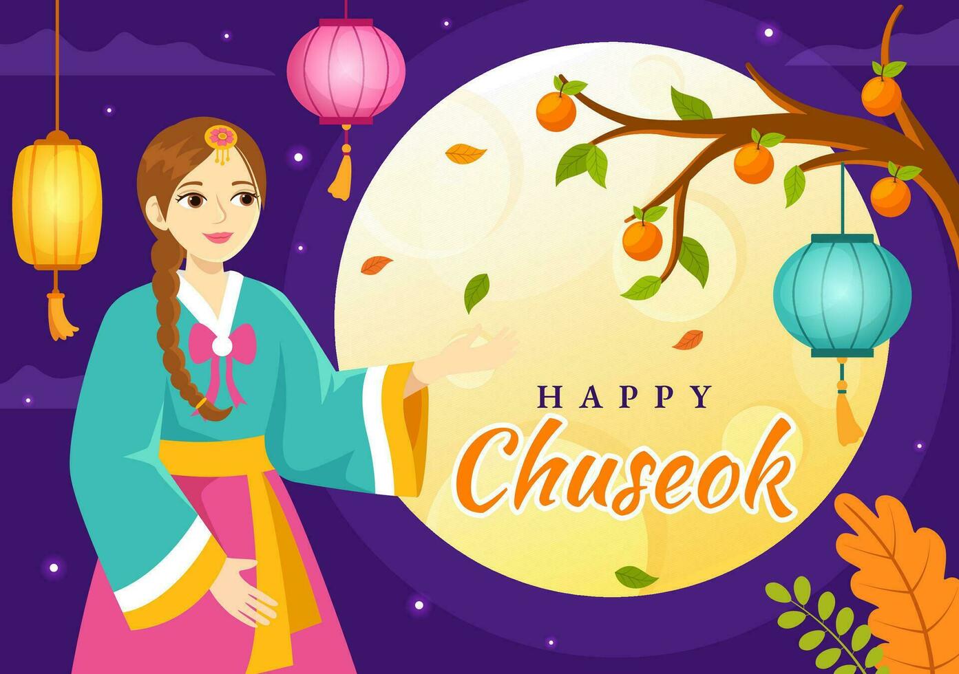 contento Chuseok giorno vettore illustrazione di coreano ringraziamento evento con raccogliere Festival celebrare su autunno notte sfondo mano disegnato modelli