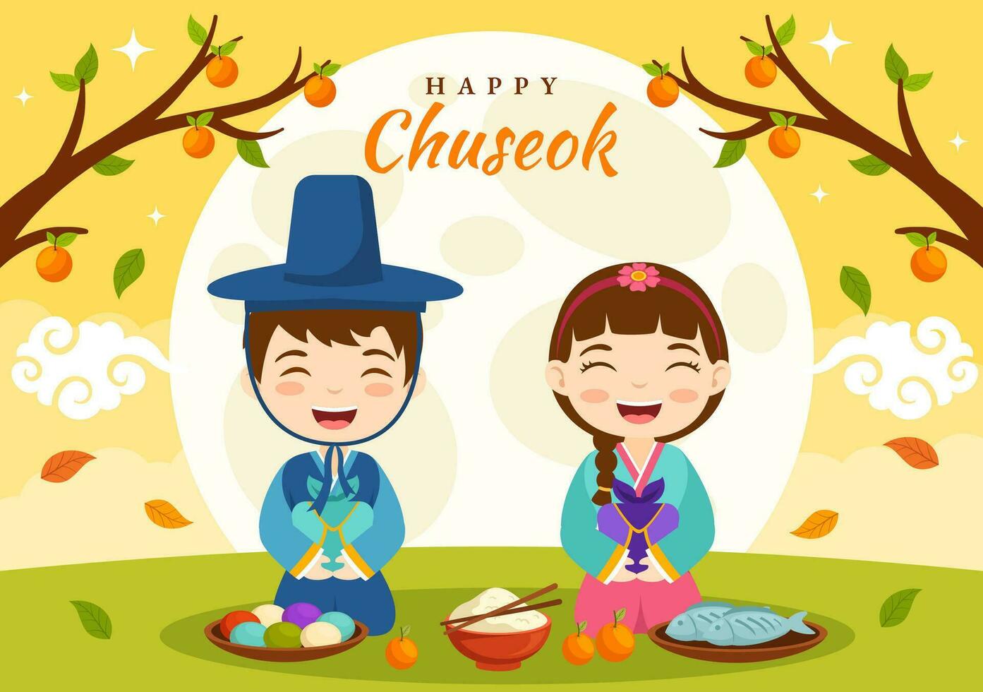 contento Chuseok giorno vettore illustrazione di coreano ringraziamento evento con bambini indossare hanbok su autunno sera sfondo mano disegnato modello