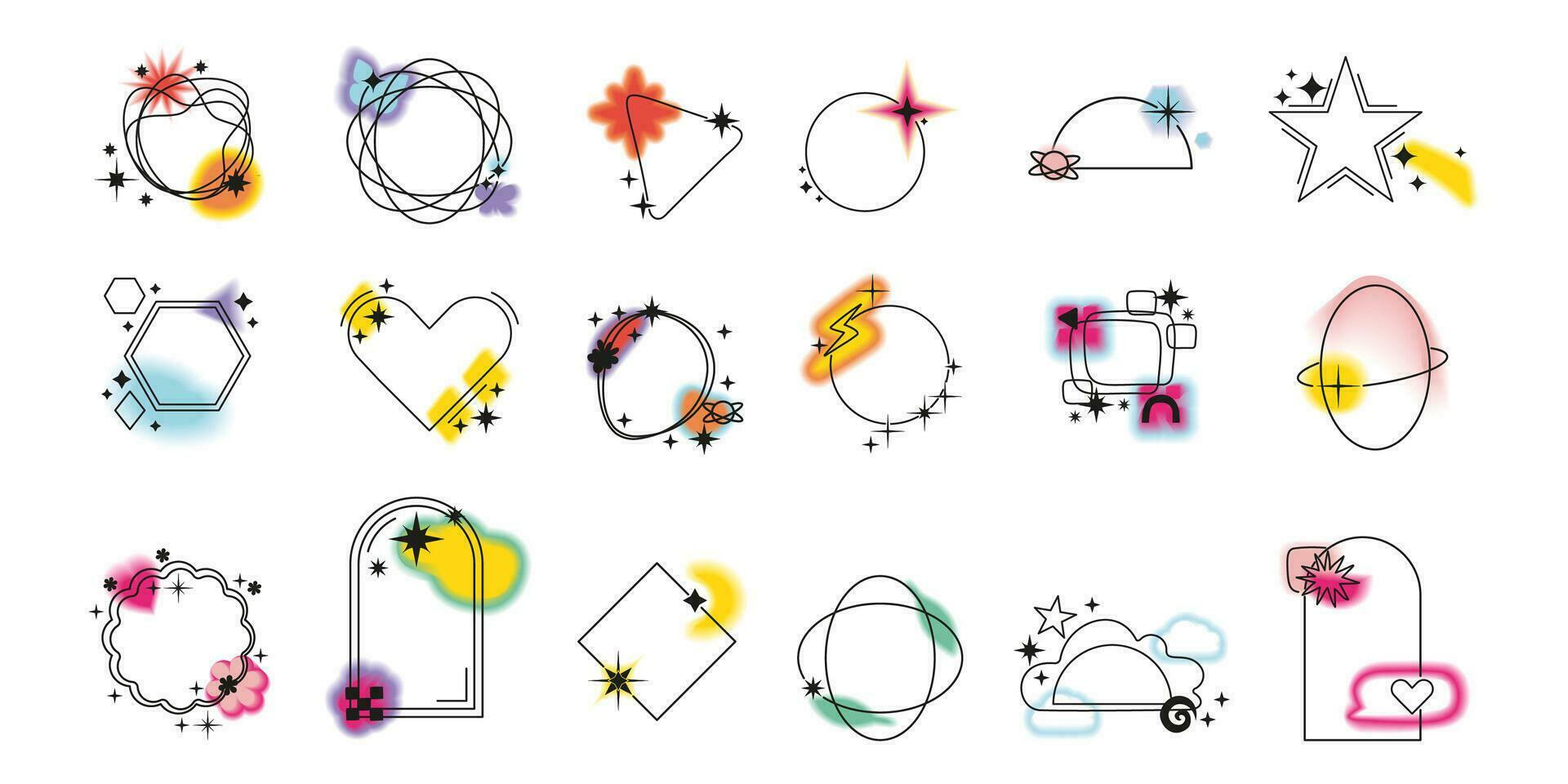 estetico y2k telaio elementi impostare. archi e cerchi con aura effetto incluso cuore, la farfalla, stella simboli. azione vettore illustrazione nel semplice anni 2000 stile isolato su bianca sfondo