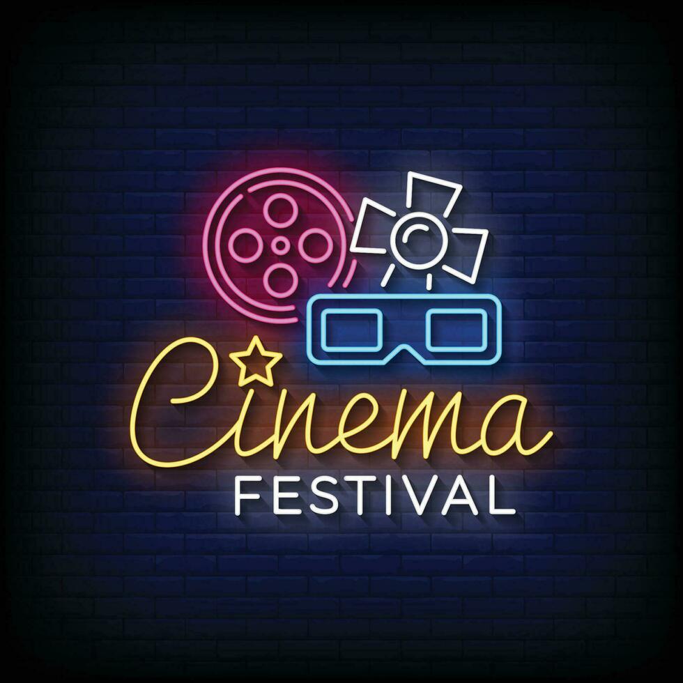 neon cartello cinema Festival con mattone parete sfondo vettore