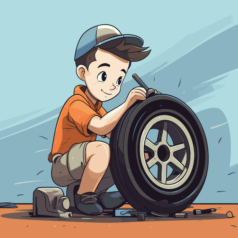 vettore di un' giovane ragazzo riparazione un' piatto pneumatico su il terra