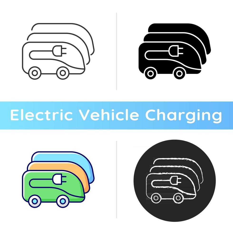 ricarica nell'icona del deposito di autobus elettrici. veicoli elettronici per il trasporto umano. modo ecologico del turismo. combustibile naturale. stili di colore lineare nero e rgb. illustrazioni vettoriali isolate