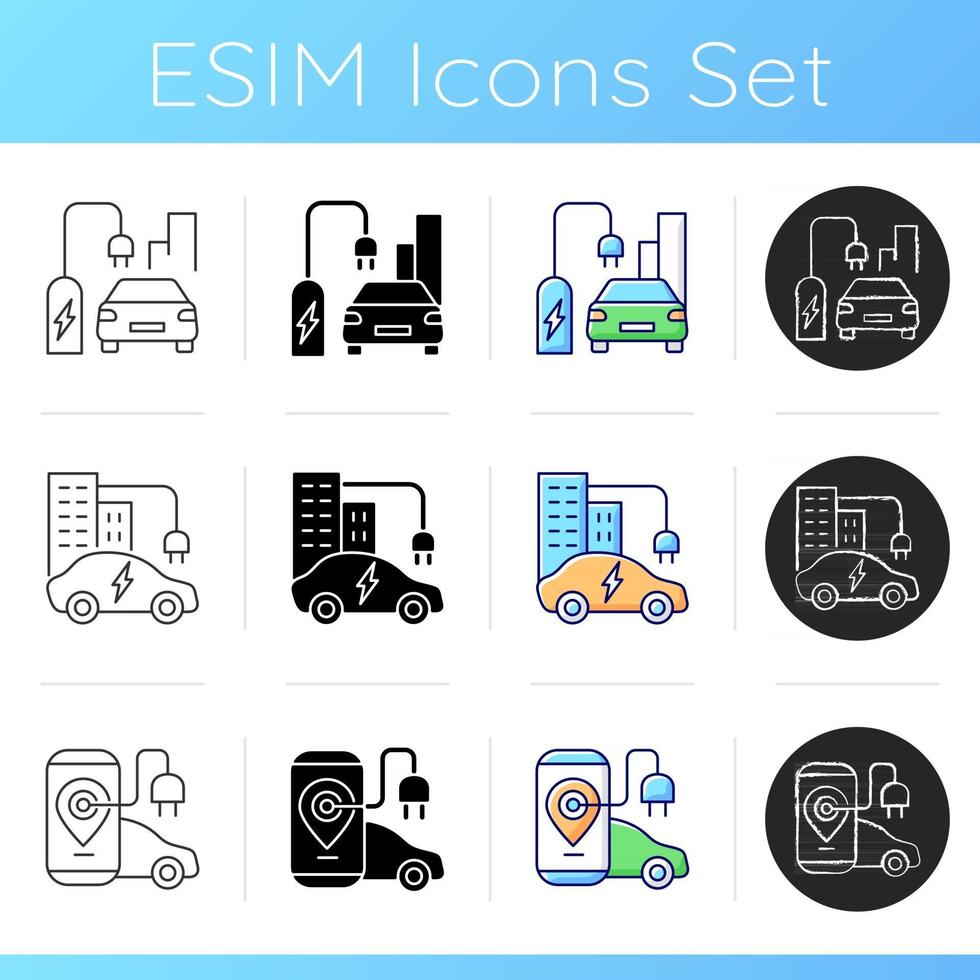 set di icone di ricarica per veicoli elettrici. tempo di ricarica degli elettromobili. soldi spesi per l'elettricità nelle stazioni di ricarica. stili di colore lineare, nero e rgb. illustrazioni vettoriali isolate