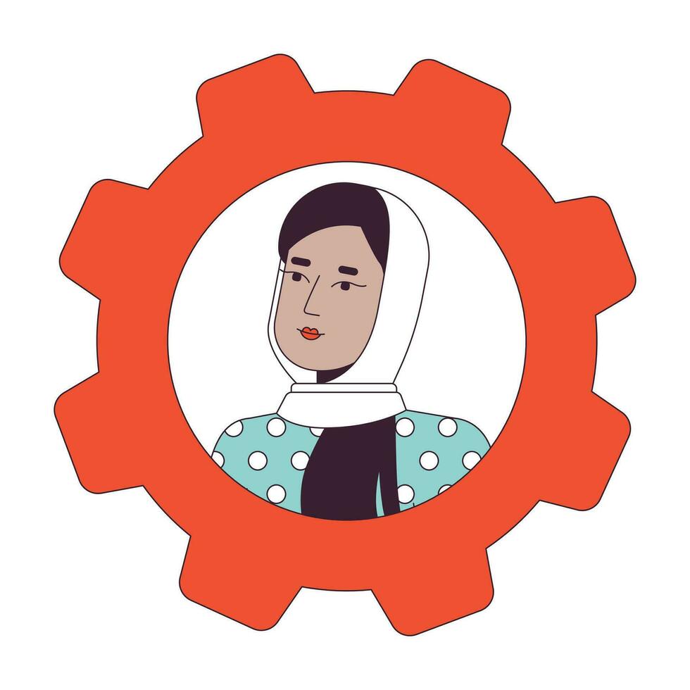 femmina ufficio lavoratore nel hijab piatto colore cartone animato avatar icona. modificabile 2d utente ritratto lineare illustrazione. isolato vettore viso profilo clipart. userpic ingranaggio Ingranaggio, persona testa e le spalle