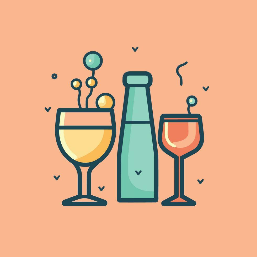 vettore di un' bottiglia di vino e Due bicchieri su un' tavolo