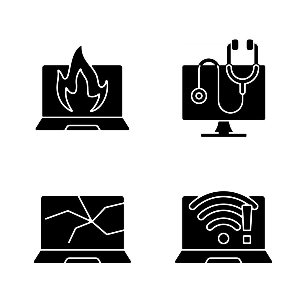 computer emette icone glifo nere impostate su uno spazio bianco. monitor rotto, display rotto. nessuna connessione wi-fi. quaderno in fiamme. diagnostica dei problemi del laptop. simboli di sagoma. illustrazione vettoriale isolato