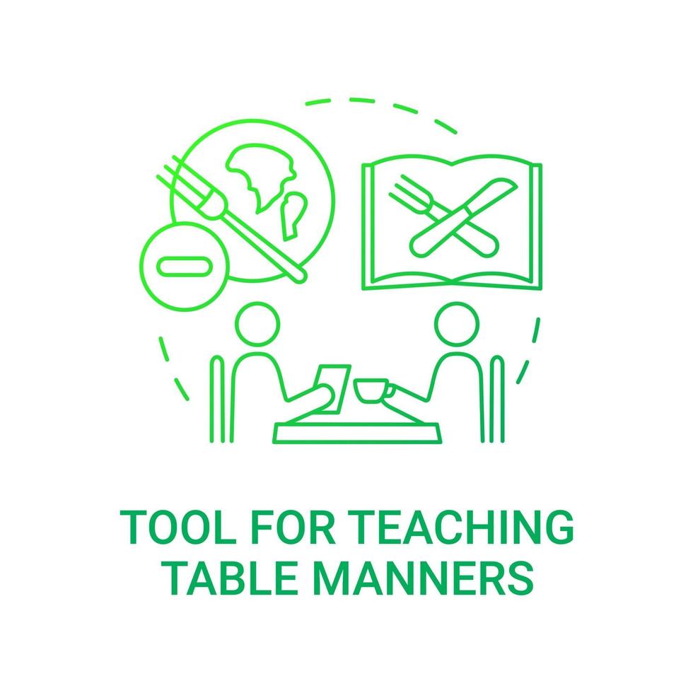 strumento per l'insegnamento dell'icona del concetto di buone maniere a tavola. requisiti del pasto scolastico. dare conoscenza su come essere gentili. mangiare l'illustrazione della linea sottile dell'idea del pasto. disegno a colori rgb di contorno isolato vettoriale