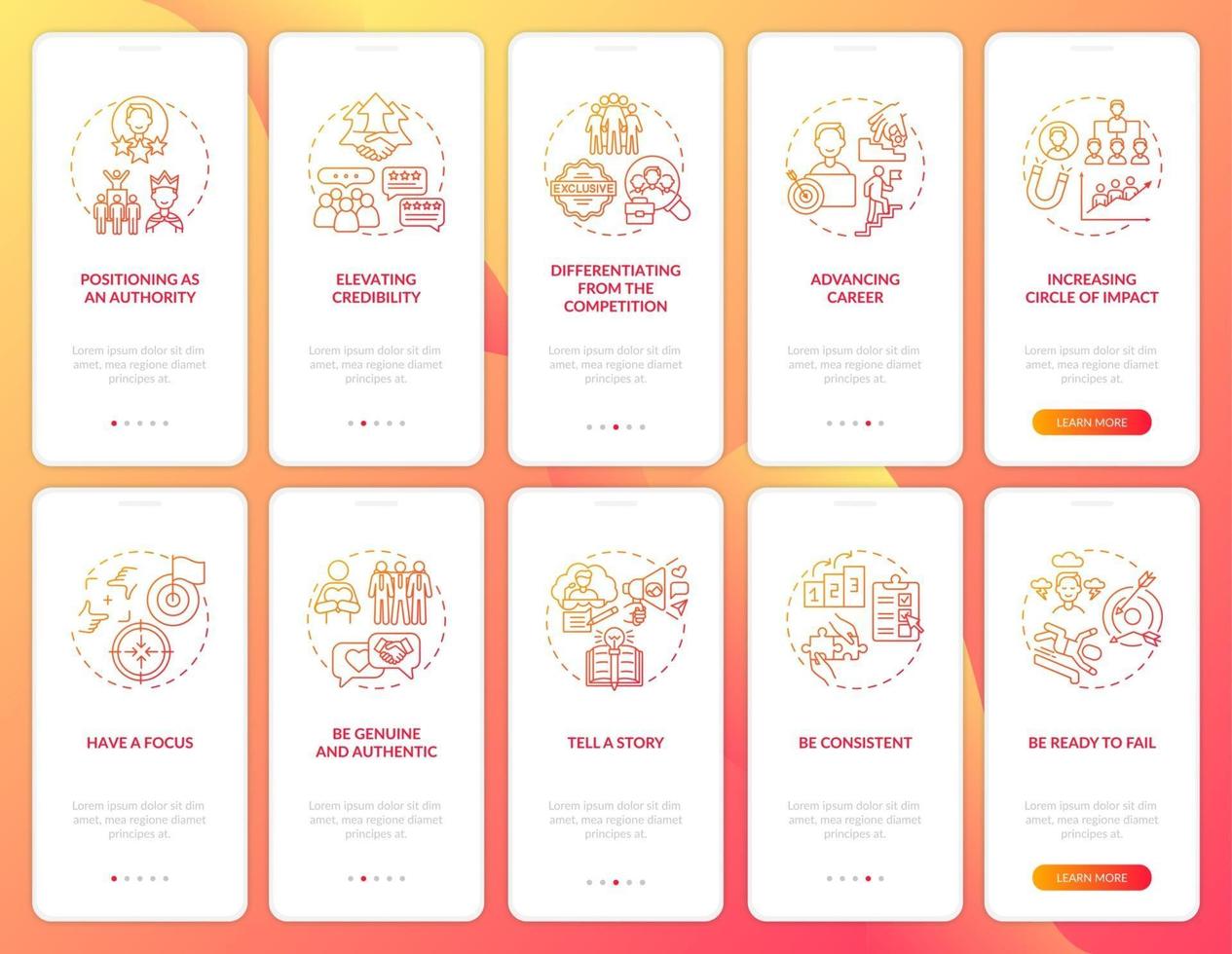 schermata della pagina dell'app mobile onboarding arancione del personal branding con concetti impostati. smm sviluppo passo passo 5 istruzioni grafiche. ui, ux, gui modello vettoriale con illustrazioni a colori lineari