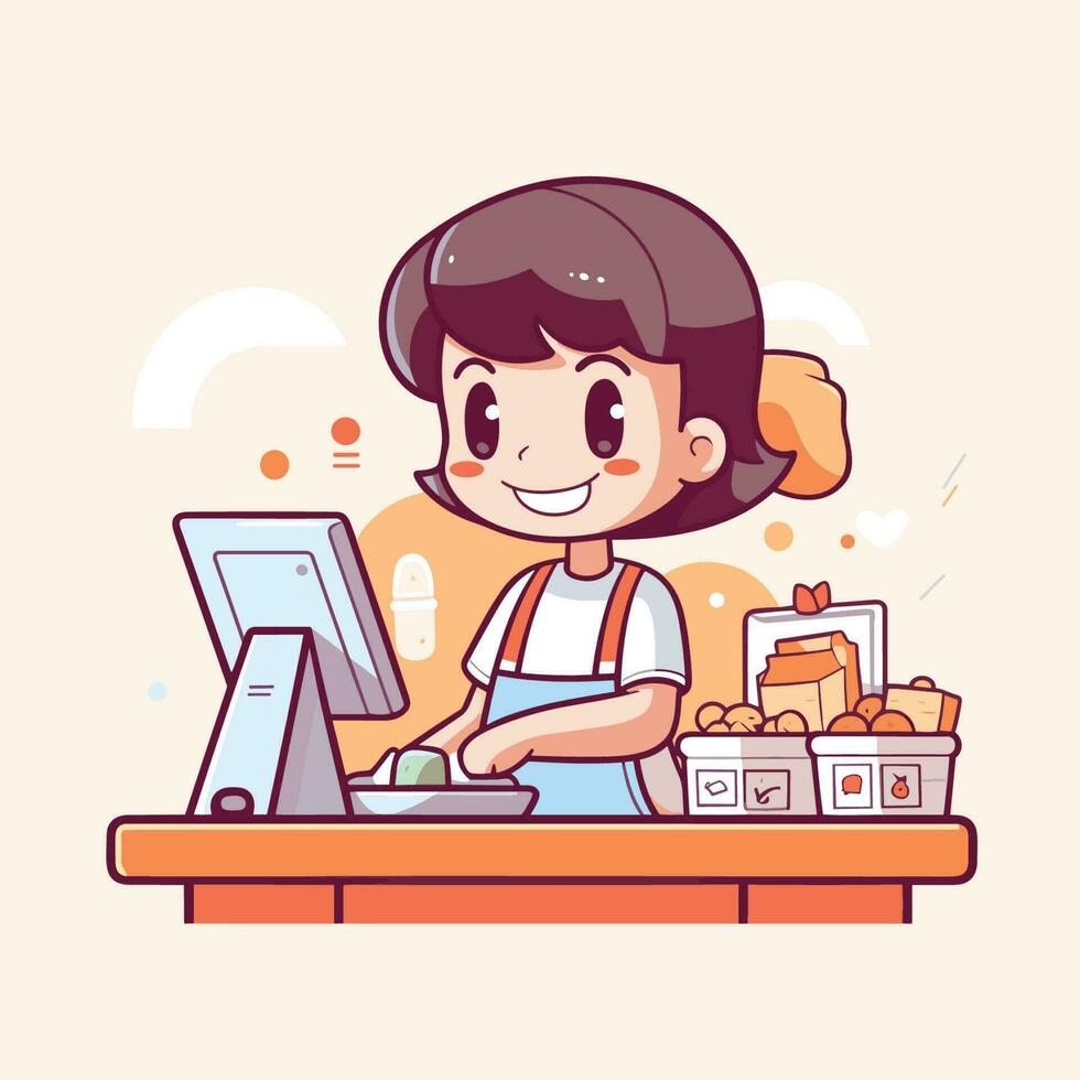 vettore di un' donna Lavorando su un' computer a un' scrivania