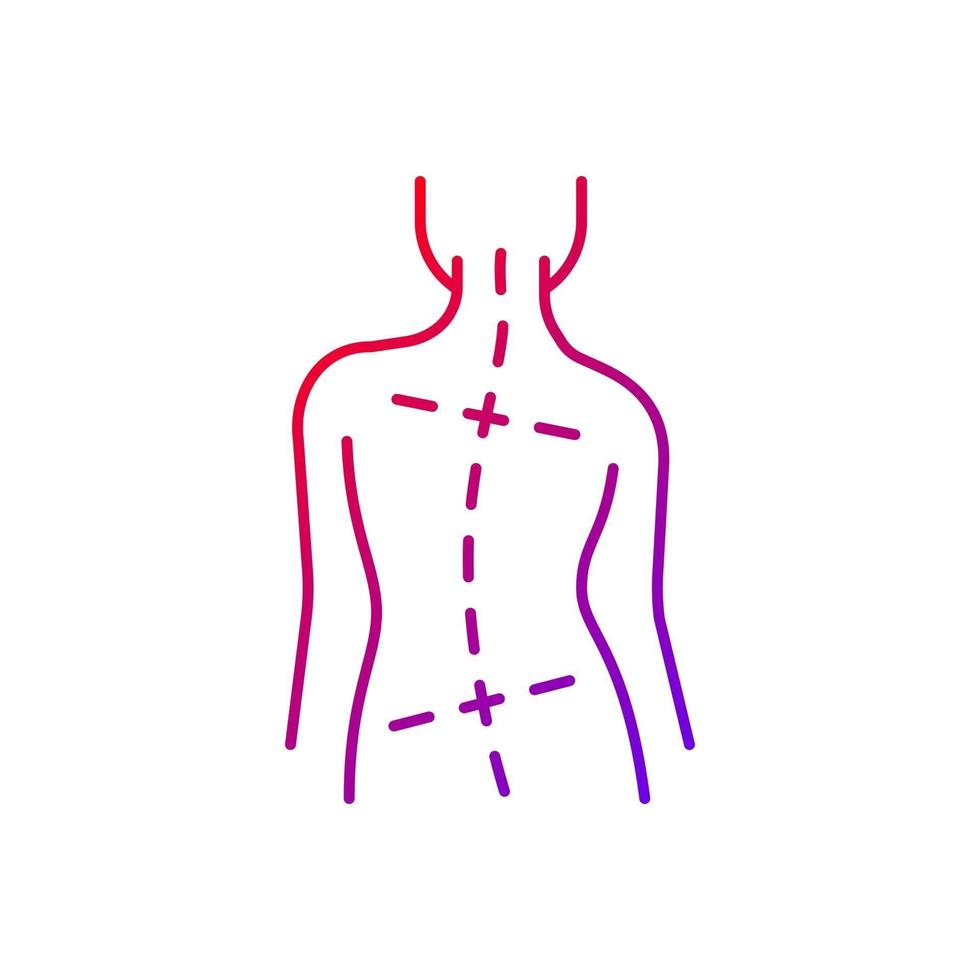 fianchi e spalle irregolari icona del vettore lineare gradiente. curva anormale nella colonna vertebrale. peggioramento della scoliosi. cattiva postura. simboli di colore linea sottile. pittogramma in stile moderno. disegno vettoriale isolato contorno