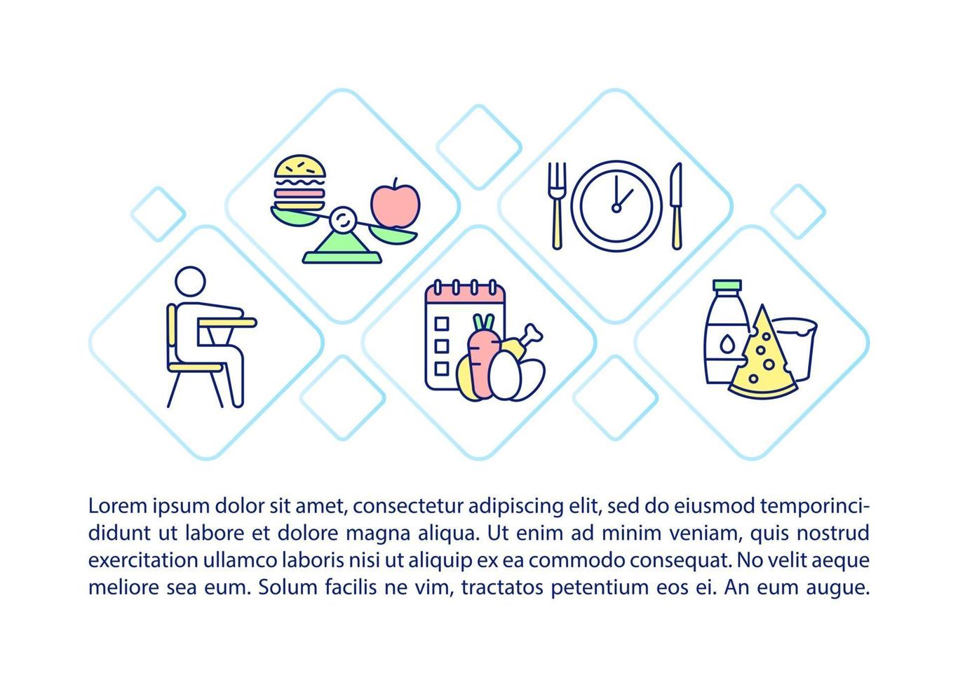 Icone della linea di concetto di pasto scolastico con testo. modello di vettore di pagina ppt con spazio di copia. brochure, rivista, elemento di design newsletter. snack salutari per studenti illustrazioni lineari su bianco