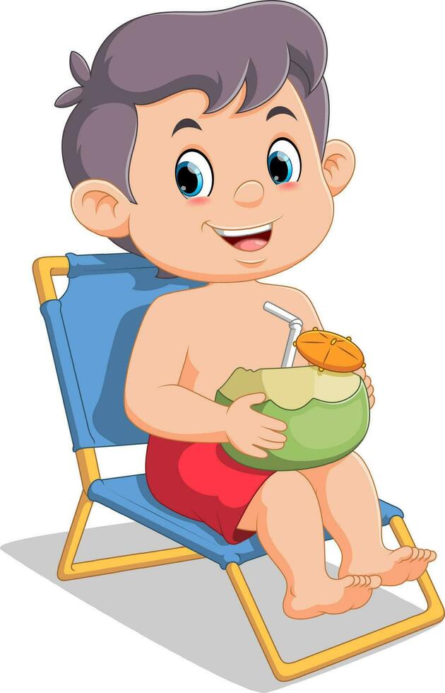 cartone animato poco ragazzo rilassante con Noce di cocco bevanda su spiaggia sedia vettore