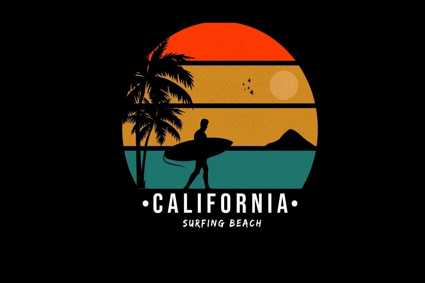 t-shirt california surfing beach colore rosso arancio e verde vettore