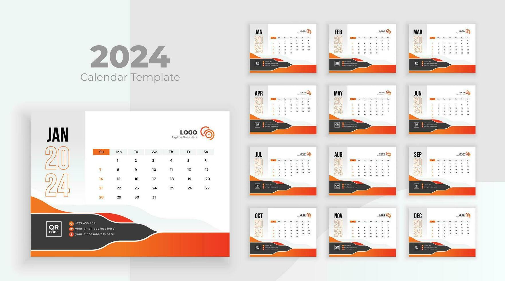 calendario modello per 2024 anno. settimana inizio su domenica. minimalista scrivania calendario 2024 modello, pianificatore, attività commerciale modello vettore