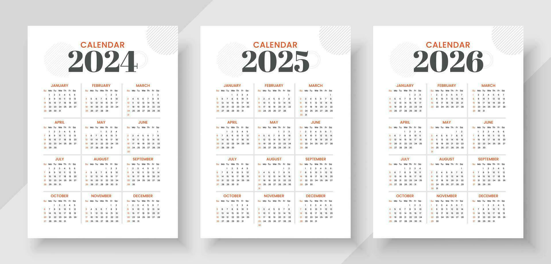 calendario 2024, calendario 2024 e calendario 2026 settimana inizio Domenica aziendale design progettista modello. semplice verticale calendario design modello vettore