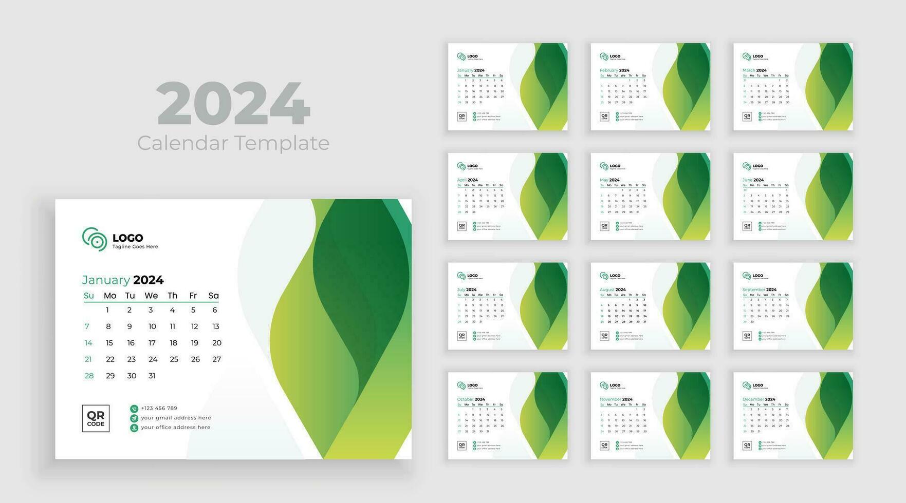 calendario 2024 progettista aziendale modello design impostare. minimalista scrivania calendario 2024 modello, pianificatore, attività commerciale modello vettore. settimana inizio su Domenica vettore