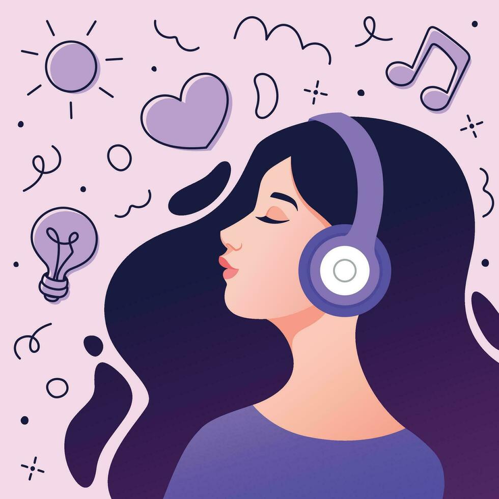 un' ragazza ascoltando per musica con cuffia. minimalista ritratto di sorridente rilassato giovane donna. cartone animato vettore illustrazione per podcast, meditazione, manifesto, striscione, coperchio. semplice di moda piatto stile