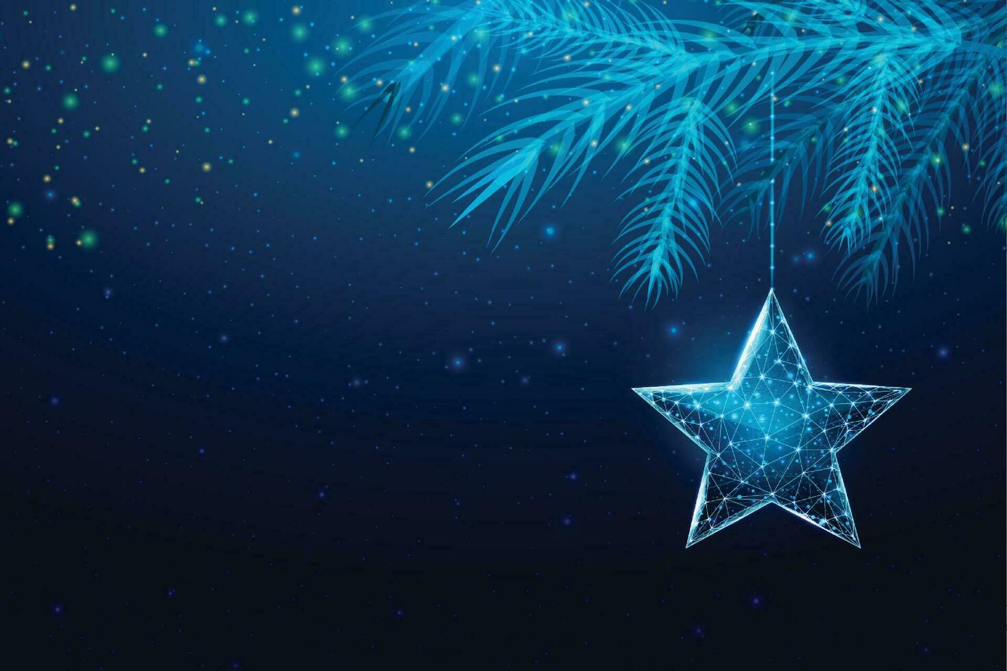 wireframe Natale stella e Natale albero rami, Basso poli stile. nuovo anno striscione. astratto moderno 3d vettore illustrazione su blu sfondo.