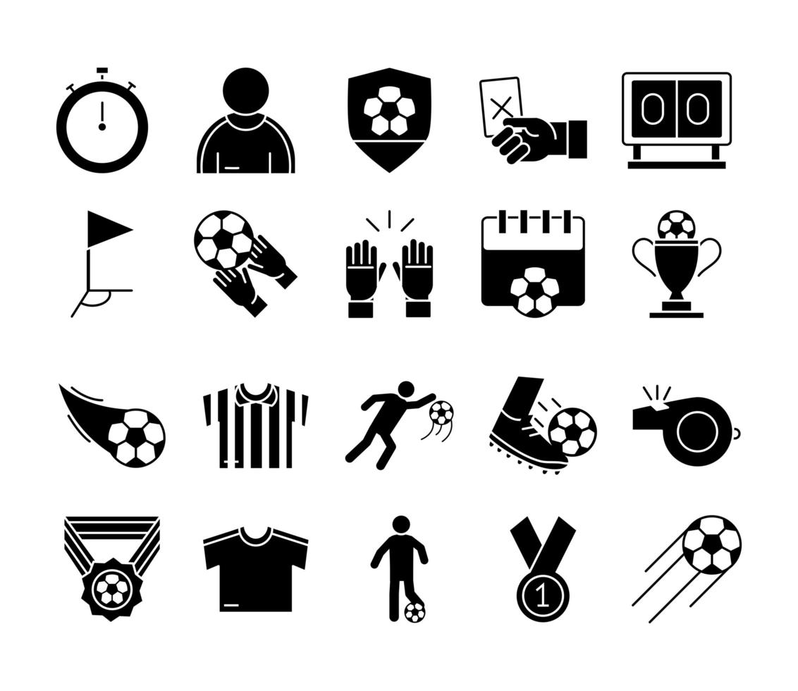 set di icone di stile di sagoma del torneo di sport ricreativi della lega del trofeo del gioco di calcio vettore