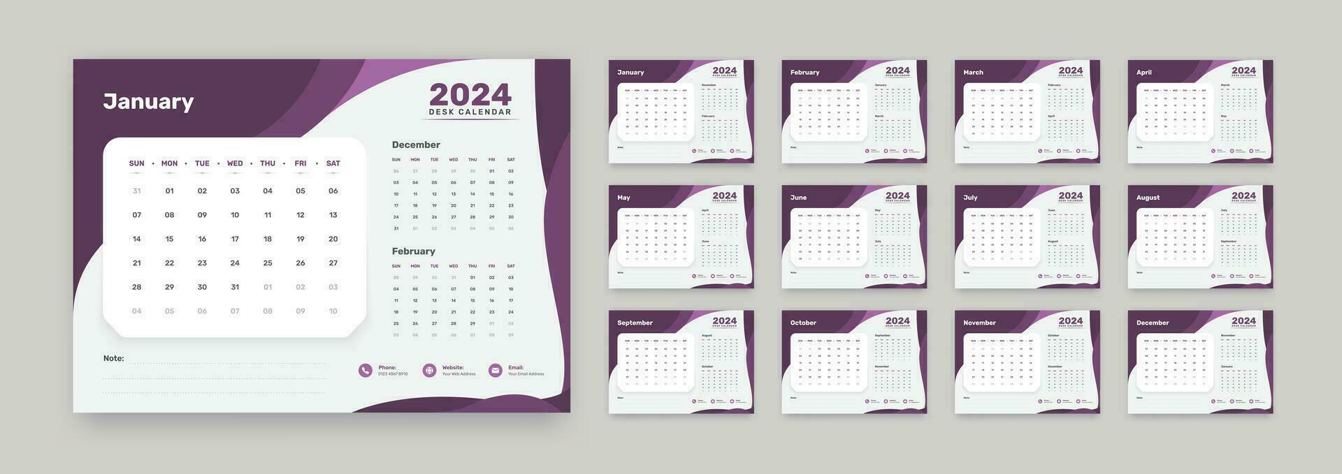 astratto progettato moderno minimalista scrivania calendario disposizione con precedente e Il prossimo mese Data formato per 2024 vettore