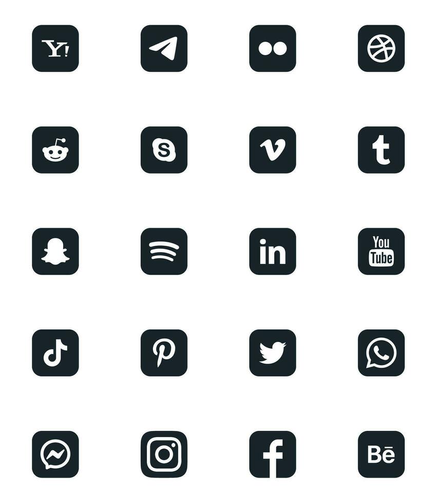 sociale media logo icone impostato vettore. Facebook instagram messaggero WhatsApp cinguettio Pinterest Youtube linkedin spotify Snapchat Tumblr vimeo skype dribblare telegramma - zurigo, Svizzera, 26.06.23. vettore