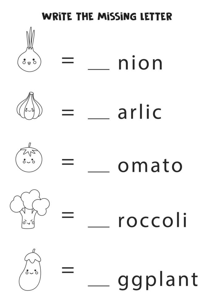 foglio di lavoro per bambini. scrivi la lettera mancante. verdure in bianco e nero. vettore