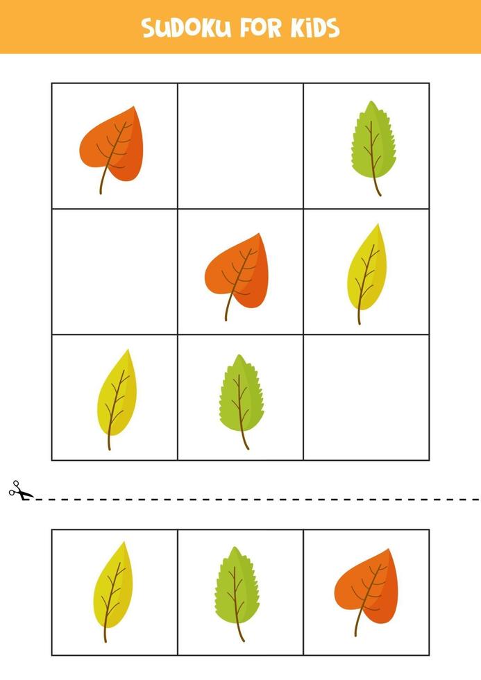 gioco di sudoku per bambini con foglie autunnali dei cartoni animati. vettore