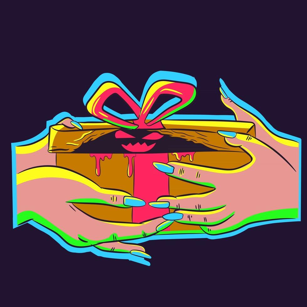 arte vettoriale con un paio di mani che fanno un regalo di compleanno con un mostro con gli occhi rossi all'interno. illustrazione al neon di un regalo di natale con una creatura malvagia di halloween.