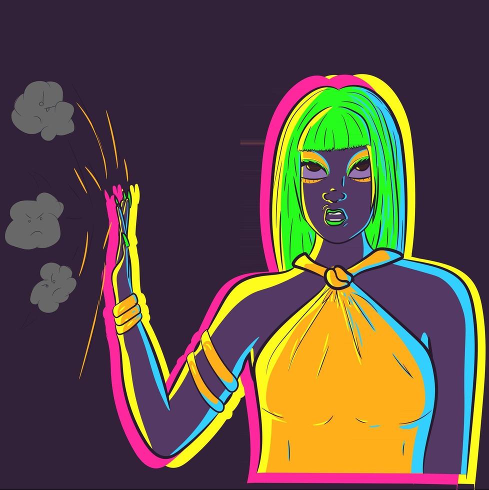 parla con il mio vettore di mano. illustrazione di una donna al neon che si illumina al buio sotto la luce uv ignorando tutti e fermando la negatività. drag queen con i capelli verdi che bloccano gli haters.