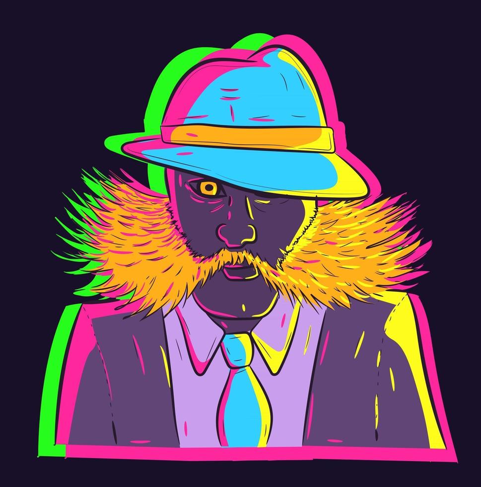 vettore di un mafioso gentiluomo al neon della mafia con barba e baffi da poliziotti di montone. uomo peloso in un completo che indossa un cappello fedora e una cravatta luminosa.