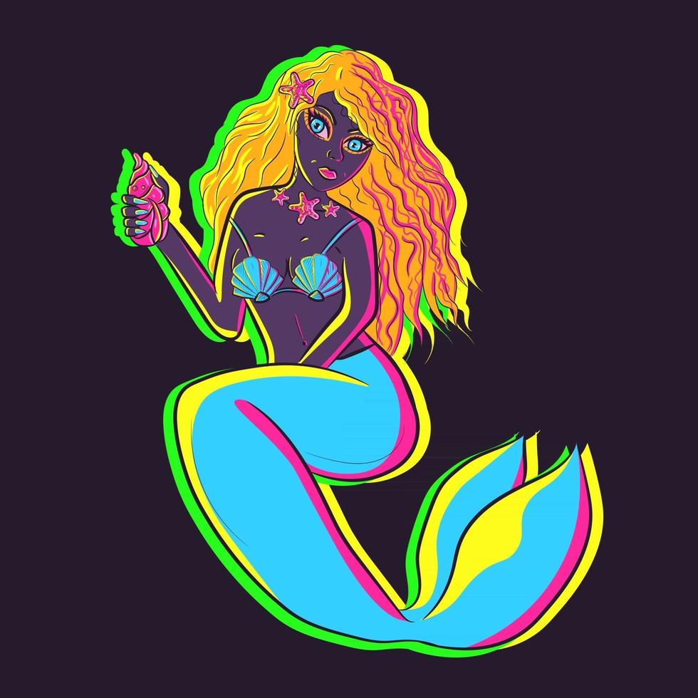 neon bella creatura marina che scatta una foto con il suo telefono conchiglia. sirena bionda con coda blu e collana di vongole sotto la luce UV, che brilla al buio. vettore