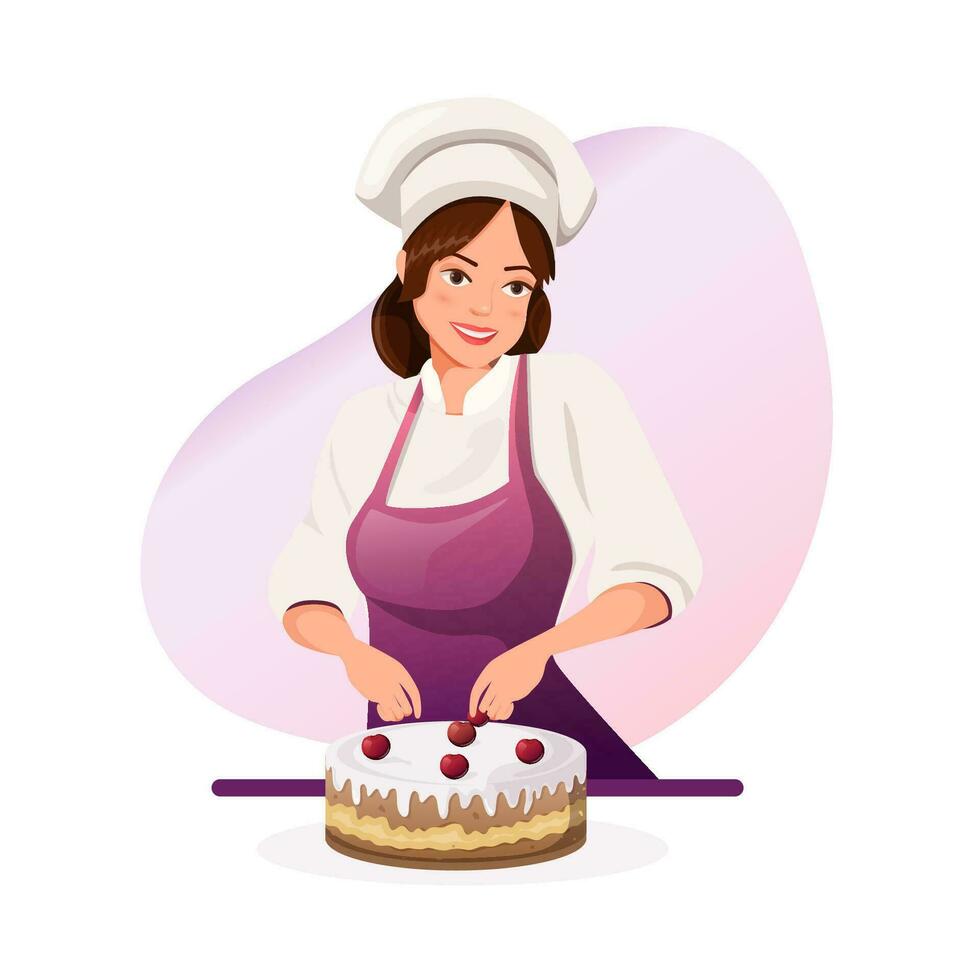 mondo gioventù abilità giorno. ragazza cuochi, Pasticcino chef, decora, fa torta, torta vettore