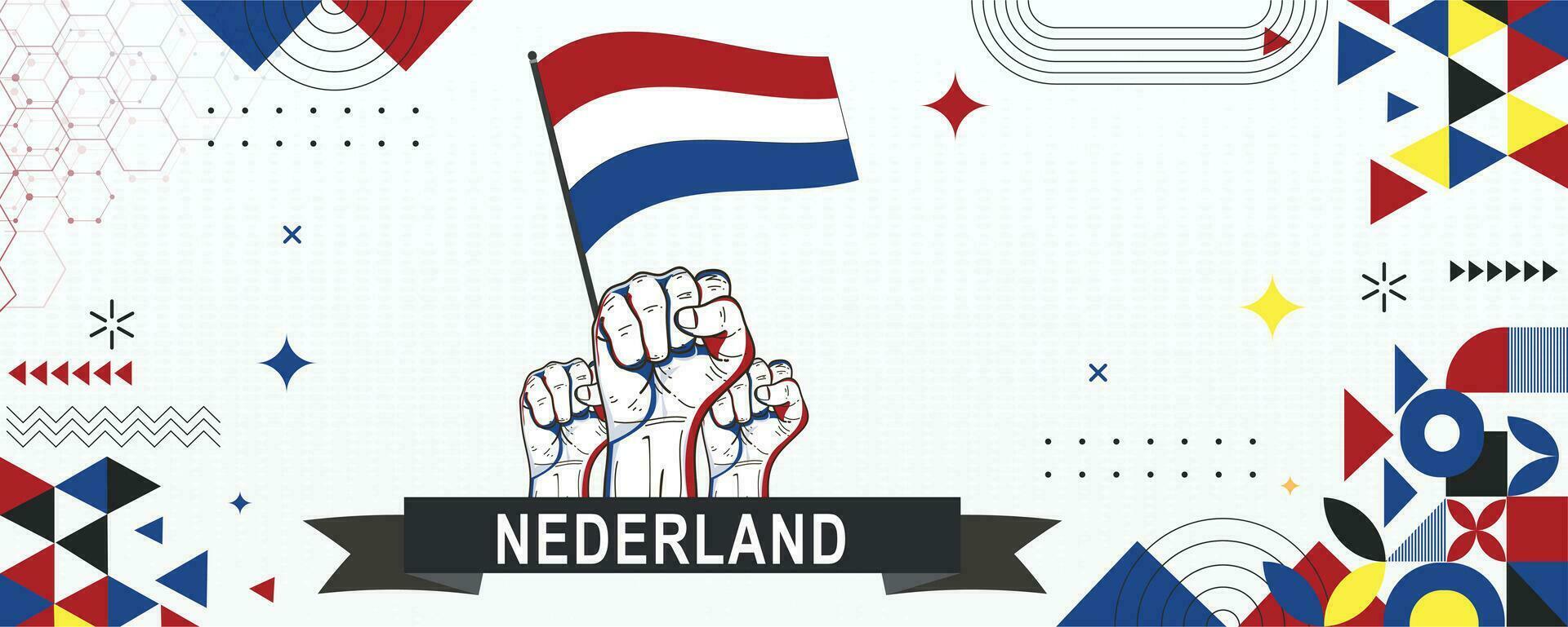Nederland bandiera indipendenza giorno geometrico nazione ragnatela striscione. aziendale astratto sfondo design con bandiera tema. nazione vettore illustrazione