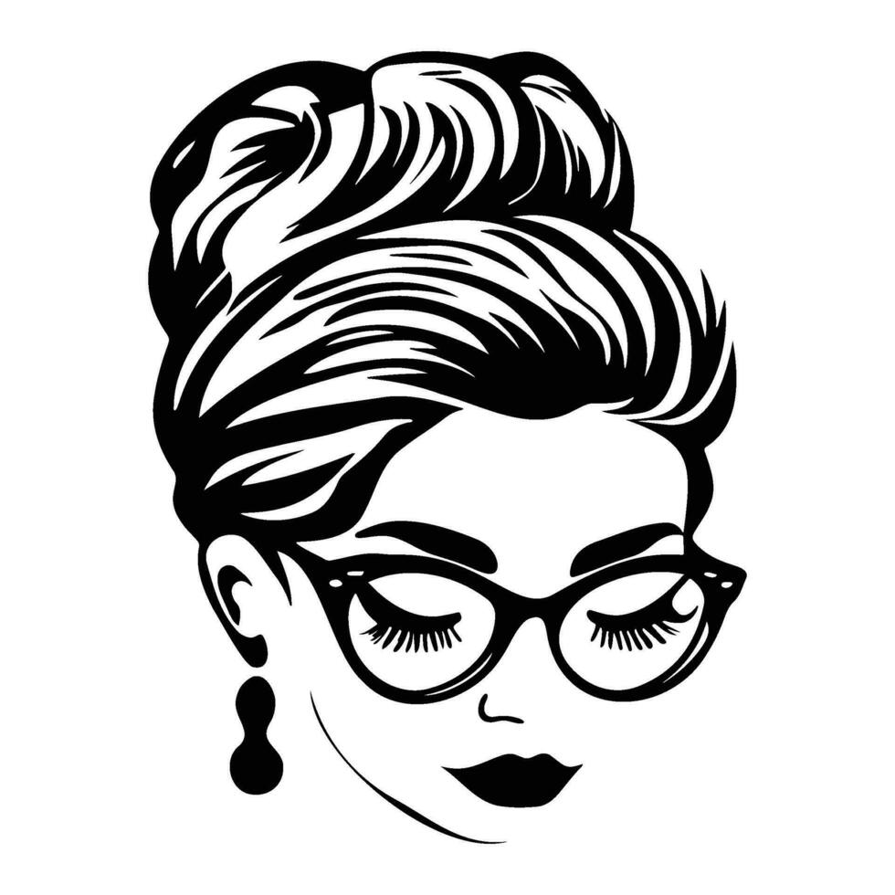 donna viso con disordinato capelli nel un' ciambella lungo ciglia e occhio bicchieri icona vettore