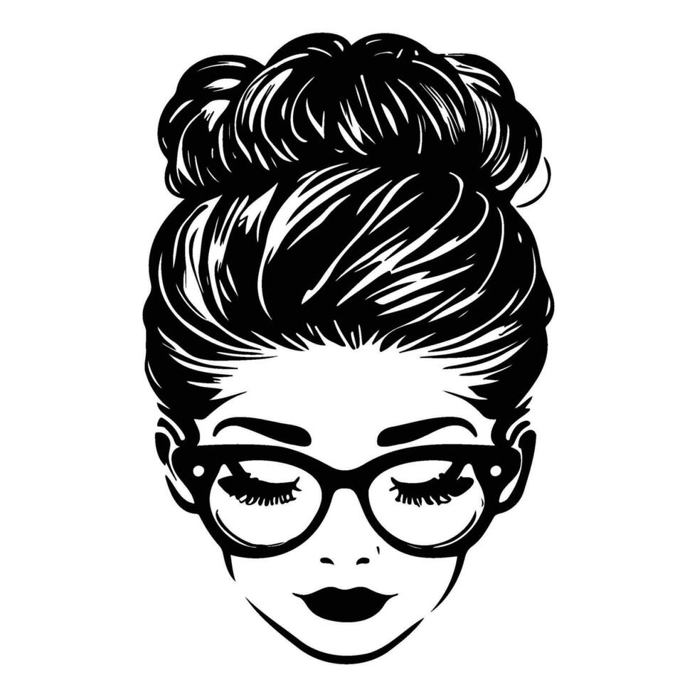 donna viso con disordinato capelli nel un' ciambella lungo ciglia e occhio bicchieri icona vettore